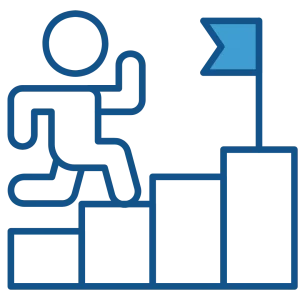 pictogramme d'un personnage gravissant des marches vers son objectif