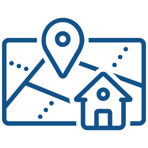 pictogramme d'une carte avec une maison et un pin, symbolisant la visibilité locale